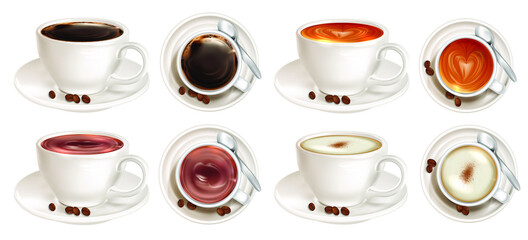 Obraz na płótnie Canvas Coffee in a white cup with a saucer and coffee beans isolated on white background. Collection of four cups of coffee of different varieties top and side view. Vector illustration 