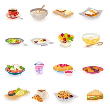 Collection of bowls filled with sweet snacks, coffee, nutritional salmon, veggies and sandwiches. Vector first meal of day and calories for energy idea isolated on white background