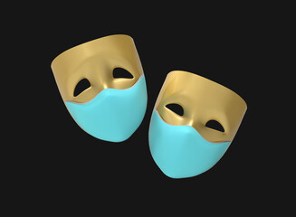 Theatre masks, drama and comedy on medical masks on a dark background. 3D image.