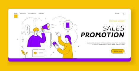 Obraz na płótnie Canvas Sales promotion landing page banner template. Vector illustration