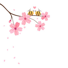 Cherry blossom branch with bee cartoon and pink heart isolated on white background vector illustration. Valentine's day.