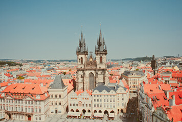Fototapeta na wymiar PRAGUE, CZECH REPUBLIC - July 29, 2013:Old town square in Prague with Church of our lady before tyn