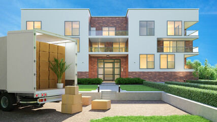 LKW von Spedition bei Umzug vor Haus mit Kartons