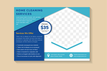 abstract flyer template design use a headline is home cleaning services. Horizontal layout with space for photo collage on hexagon shape. white background with blue colors on triangle elements.