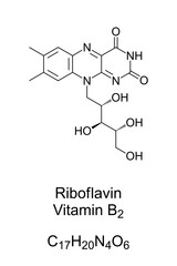 Riboflavin, vitamin B2, chemical structure and skeletal formula. A vitamin, found in food, and used as a dietary supplement. It is required by the body for cellular respiration. Illustration. Vector.