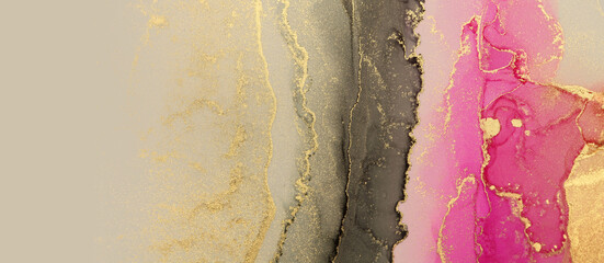 Art Abstract painting blots horizontal background. Alcohol ink black, pink and gold colors. Marble texture.