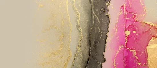 Zelfklevend Fotobehang Art Abstract painting blots horizontal background. Alcohol ink black, pink and gold colors. Marble texture. © Liliia