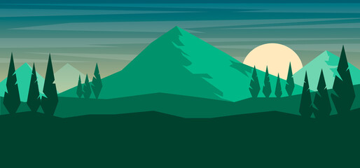 Cartoon mountain landscape in flat style. Design element for poster, card, banner, flyer. Vector illustration