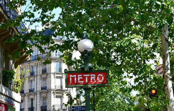 Parisian Metro sign at underground station. Paris, France. August 15, 2019.