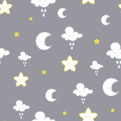 Vector clouds, moon and stars seamless pattern background