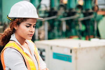 portrait of industrial woman engineer standing crossed arms in a factory.young beautiful engineer woman working in factory