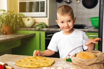 Indoor activity. Young positive child boy cooking in the kitchen. Make cookies