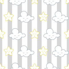 Vector clouds and stars on stripes seamless pattern background