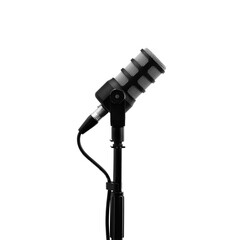 Podcast microphone on a tripod, a black metal dynamic microphone, isolated white background,...