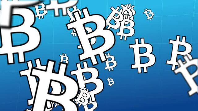 Bitcoin cloud. Looped animation. A cloud of bitcoin symbols spins across the camera's field of view.
