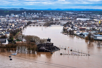 Flooding after heavy rainfall in Koblenz, Deutsches Eck. Koblenz is a German city on the banks of...