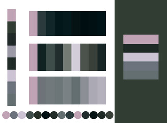 Neutral grey, dark green and pink big set color palette vector illustration. Technology swatches for business ideas, color design manufacturing, interior, fashion industry. Warm and cold palettes.