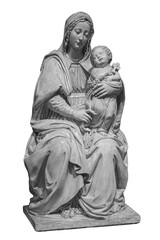 Fototapeta na wymiar Ancient stone statue of the Virgin Mary with Jesus Christ isolated on white background. Sculpture with a Mother Mary and the Child Jesus