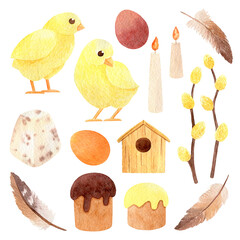 Watercolor set of Easter elements on white background. Delicate warm colors. Handmade technique. Ideal for decorating Easter goods, textiles and packaging. 
