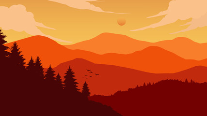 Fototapeta na wymiar Background landscape Mountain, forest and sunset. Vector illustration