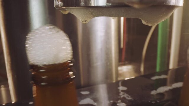 Close-up video of capping process of full beer bottles. Glass beer bottles being closed on a modern factory machine. Factory, brewery concept.