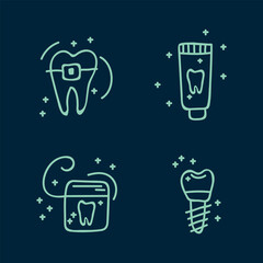 A set of teeth cleaning icons. Dental tools Toothbrush, toothpaste and dental floss, teeth. Doodle collection for cleaning the mouth and teeth. Vector illustration