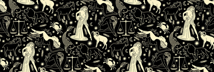 Seamless pattern - signs of the zodiac. Gold illustration of astrological signs on a dark background. Magical illustrations of women and animals in the starry sky.