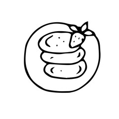 Pancakes with strawberries in a plate, vector doodle illustration, sketch