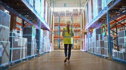 Futuristic Technology Retail Warehouse: Worker Doing Inventory Walks when Digitalization Process Analyzes Goods, Cardboard Boxes, Products with Delivery Infographics in Logistics, Distribution Center - Powered by Adobe