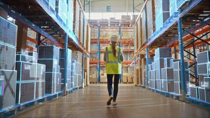 Futuristic Technology Retail Warehouse: Worker Doing Inventory Walks when Digitalization Process Analyzes Goods, Cardboard Boxes, Products with Delivery Infographics in Logistics, Distribution Center - Powered by Adobe