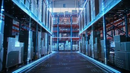 Futuristic Technology Retail Warehouse: Digitalization and Visualization of Industry 4.0 Process that Analyzes Goods, Cardboard Boxes, Products Delivery Infographics in Logistics, Distribution Center - Powered by Adobe