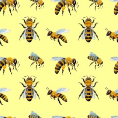 Watercolor pattern with bees and wasps. suitable for printing on fabrics and packaging paper. Bright and juicy.