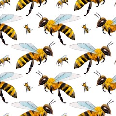 Watercolor pattern with bees and wasps. suitable for printing on fabrics and packaging paper. Bright and juicy.