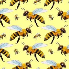Watercolor pattern with bees and wasps. suitable for printing on fabrics and packaging paper. Bright and juicy.