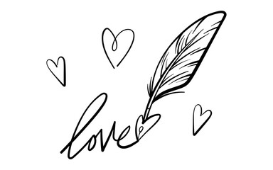 Valentines Day theme doodle Vector icon of hand drawn text Love with heart shape with isolated on a white background.