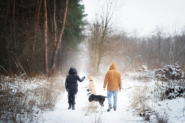 Couple with dogs walking in the winter forest