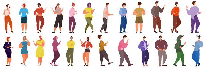 A set of active people in different poses with different emotions. People are standing, talking, laughing, waving their hands. Vector in a flat style isolated on white.