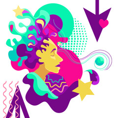 modern trend of abstract psychedelics. The image of the face of a bright girl against the background of different figures and doodle. Perfect for prints, T-shirts, corporate identity, packaging,