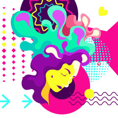 Obraz na płótnie Canvas modern trend of abstract psychedelics. The image of the face of a bright girl against the background of different figures and doodle. Perfect for prints, T-shirts, corporate identity, packaging,