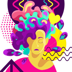 modern trend of abstract psychedelics. The image of the face of a bright girl against the background of different figures and doodle. Perfect for prints, T-shirts, corporate identity, packaging,