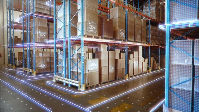 Futuristic Technology Retail Warehouse: Digitalization and Visualization of Industry 4.0 Process that Analyzes Goods, Cardboard Boxes, Products Delivery Infographics in Logistics, Distribution Center