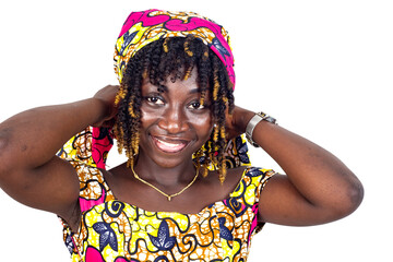 beautiful young woman tying her head with a scarf.