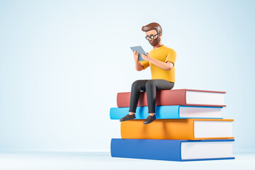Cartoon character beard man in glasses yellow tshirt seat at books and use digital tablet.