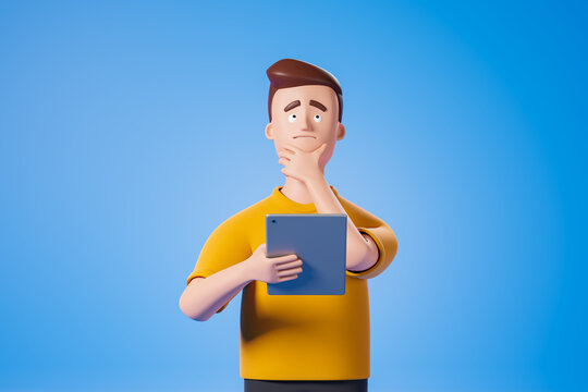 Cartoon Pensive Character Man In Yellow Tshirt Hold Digital Tablet And Think Dream About Over Blue Background.