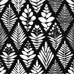 Abstract leaves background. Rhombus shape seamless pattern black and white. Monochrome vector illustration flowers and plants texture for fabric, home decor, wallpaper, wrapping