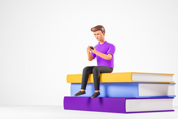 Cartoon character man in purple tshirt seat at books and use smartphone. Online education concept.