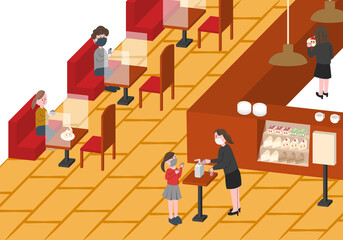 感染対策をしているカフェのアイソメトリック風イラスト