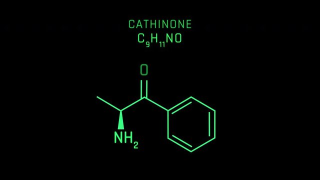 Cathinone also known as benzoylethanamine Molecular Structure Symbol Neon Animation on black background