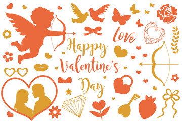 Happy Valentine s Day icon set of stencil silhouettes. Cute romance love collection of design elements with cupid, heart, couple, pigeons, diamond, butterfly, flowers. Vector illustration