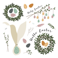 Cute Easter egg, nest, branch and leaves. Eco rustic decoration. Vector flat cartoon illustration. Perfect for poster, print, card, invitation, greeting, tag
